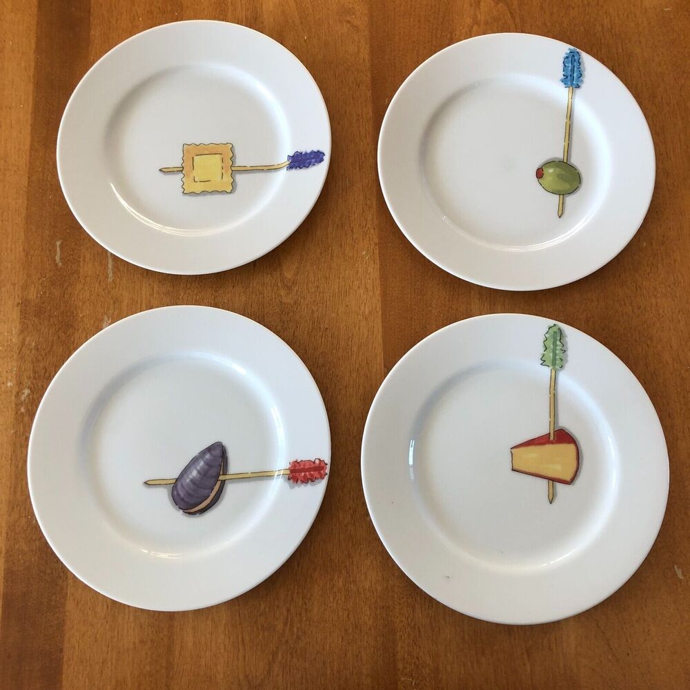 Crate & Barrel Nancy Green TIDBITS Appetizer Plates Set of 4 Porcelain 6 1/2"